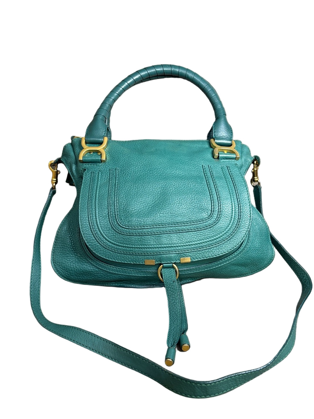 Chloé Marcie Green Teal Leather Satchel with Shoulder Strap & COA - Picture 2 of 13